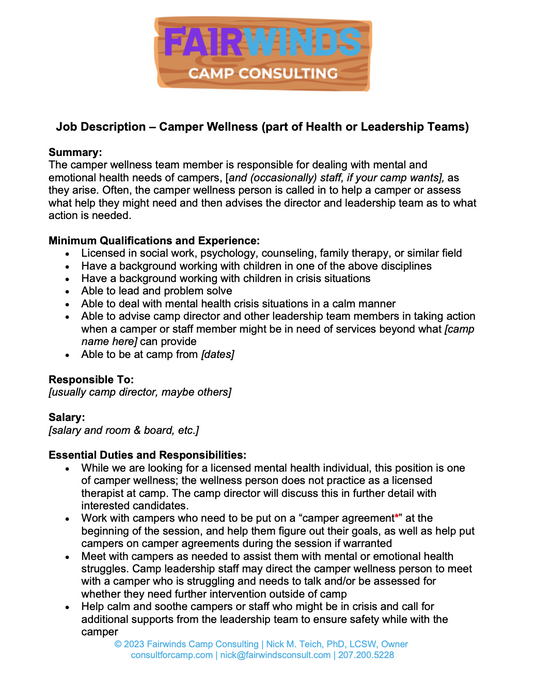 Job Description – Camper Wellness
