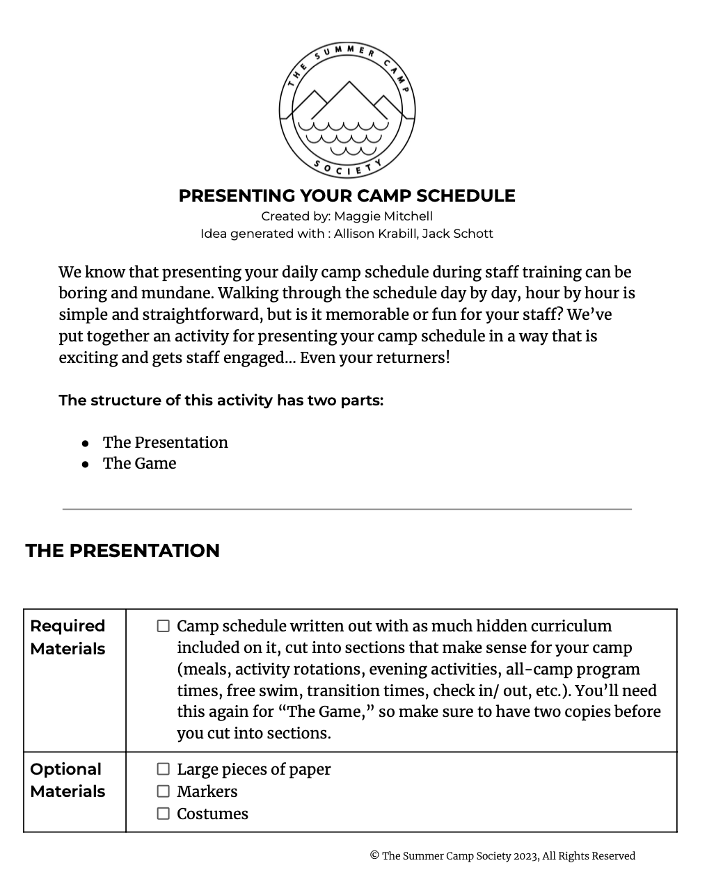 Presenting Your Camp Schedule