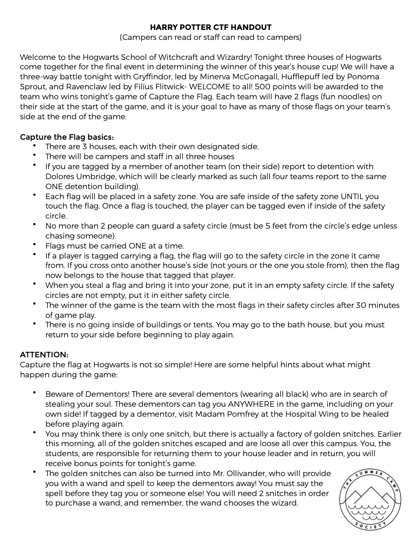 Harry Potter Capture the Flag Handout – The Summer Camp Society ...