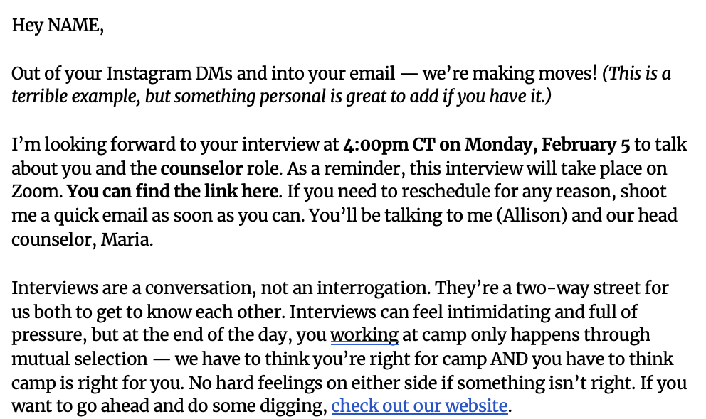 Pre Interview Email Pre-Interview Email Template – The Summer Camp Society Resource Deptment