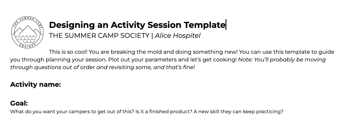 Designing an Activity Session Template – The Summer Camp Society ...